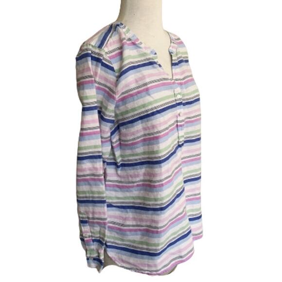 Talbots Striped Long Sleeves Henley Neck White Striped Linen Shirt L Petite - Picture 2 of 5